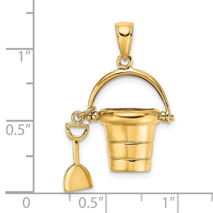 Million Charms 14K Yellow Gold Themed 3-D & Moveable Beach Bucket With Shovel Charm