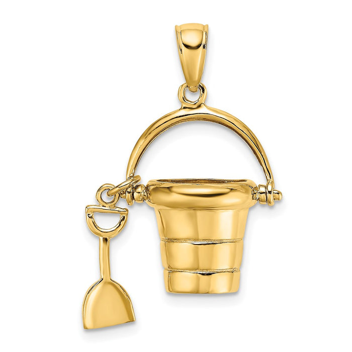 Million Charms 14K Yellow Gold Themed 3-D & Moveable Beach Bucket With Shovel Charm