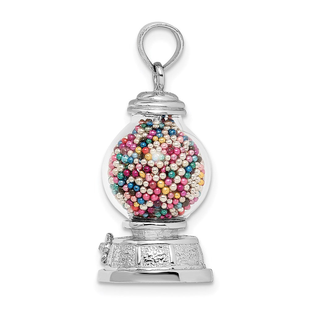 Million Charms 14K White Gold Themed 3-D Moveable Gumball Machine Glass Pendant