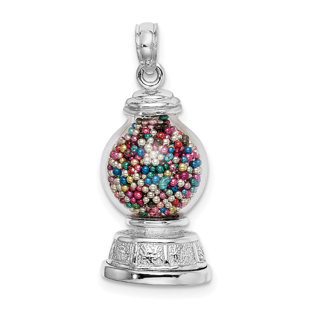 Million Charms 14K White Gold Themed 3-D Moveable Gumball Machine Glass Pendant