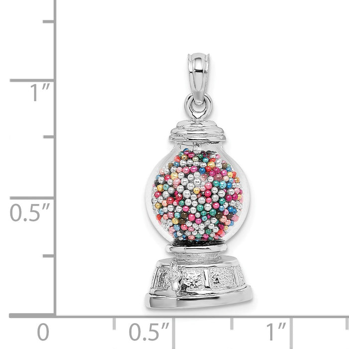 Million Charms 14K White Gold Themed 3-D Moveable Gumball Machine Glass Pendant