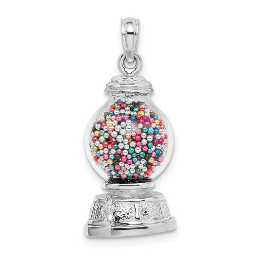 Million Charms 14K White Gold Themed 3-D Moveable Gumball Machine Glass Pendant