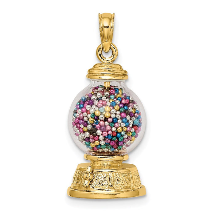 Million Charms 14K Yellow Gold Themed 3-D Moveable Gumball Machine Glass Pendant