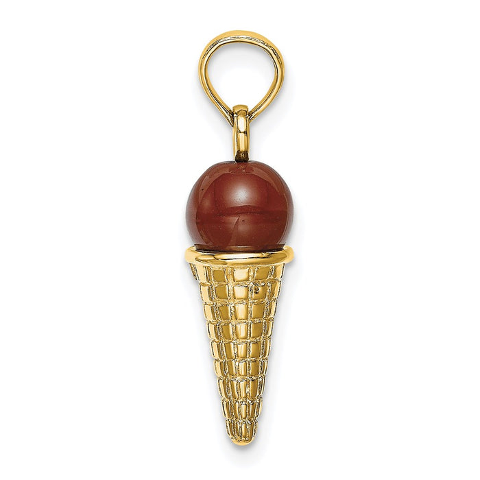 Million Charms 14K Yellow Gold Themed Satin Polished Brown Bead Ice Cream Cone Pendant