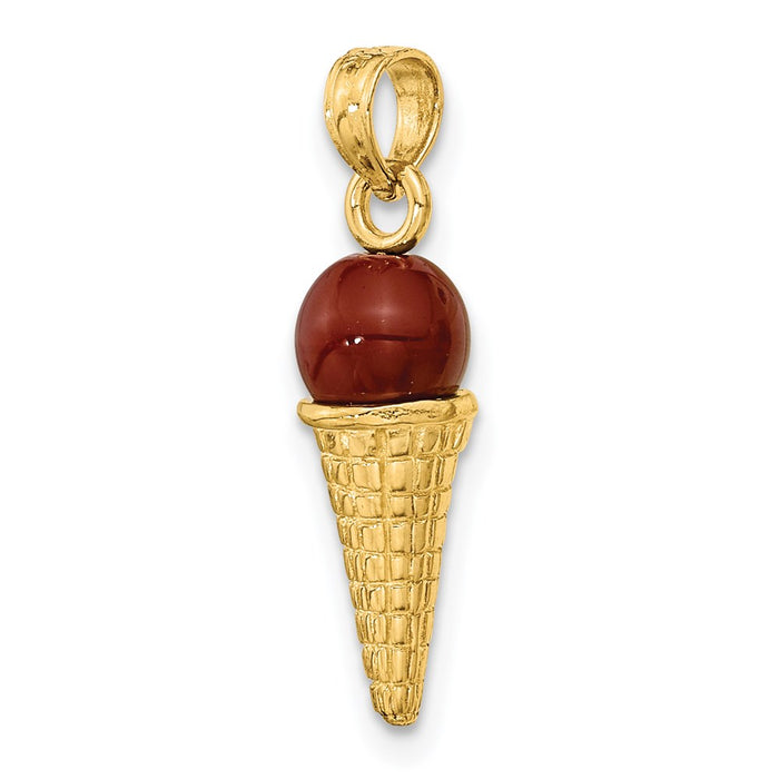 Million Charms 14K Yellow Gold Themed Satin Polished Brown Bead Ice Cream Cone Pendant