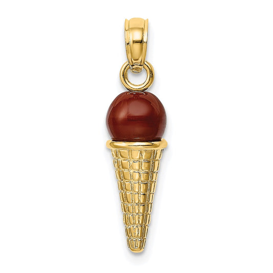 Million Charms 14K Yellow Gold Themed Satin Polished Brown Bead Ice Cream Cone Pendant