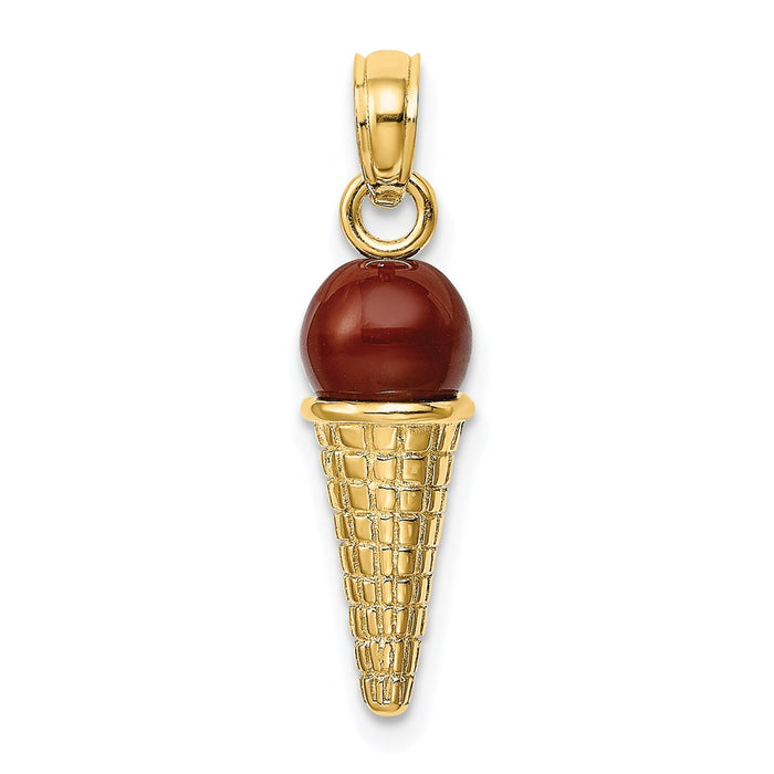 Million Charms 14K Yellow Gold Themed Satin Polished Brown Bead Ice Cream Cone Pendant