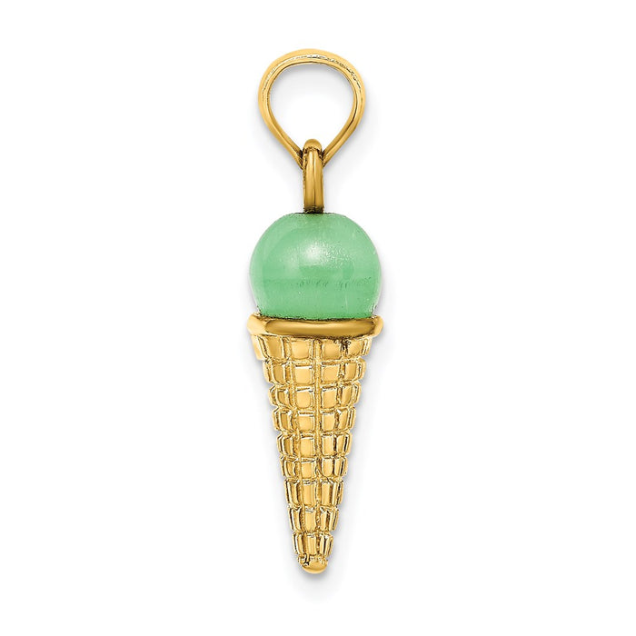Million Charms 14K Yellow Gold Themed Satin Polished Green Bead Ice Cream Cone Pendant