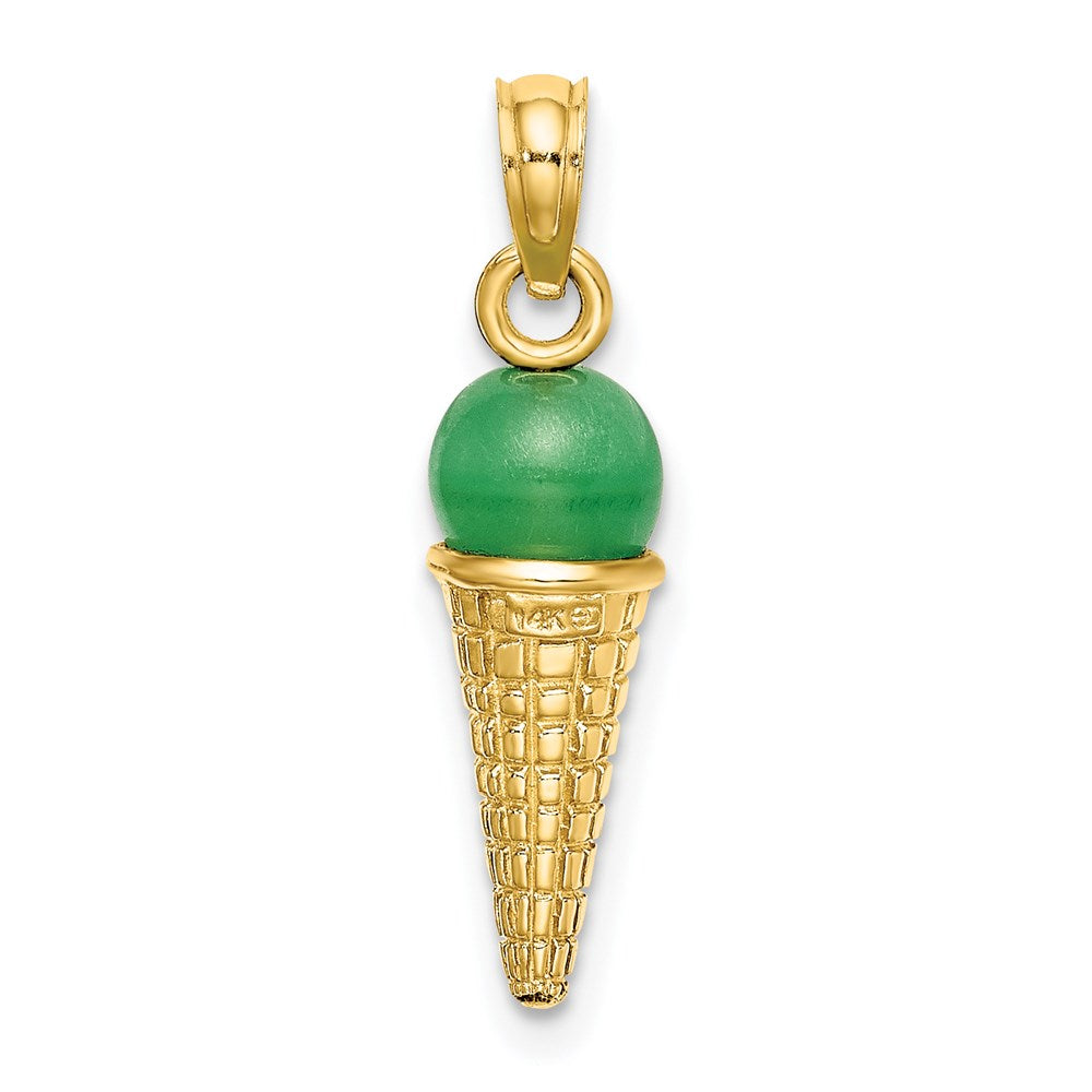 Million Charms 14K Yellow Gold Themed Satin Polished Green Bead Ice Cream Cone Pendant