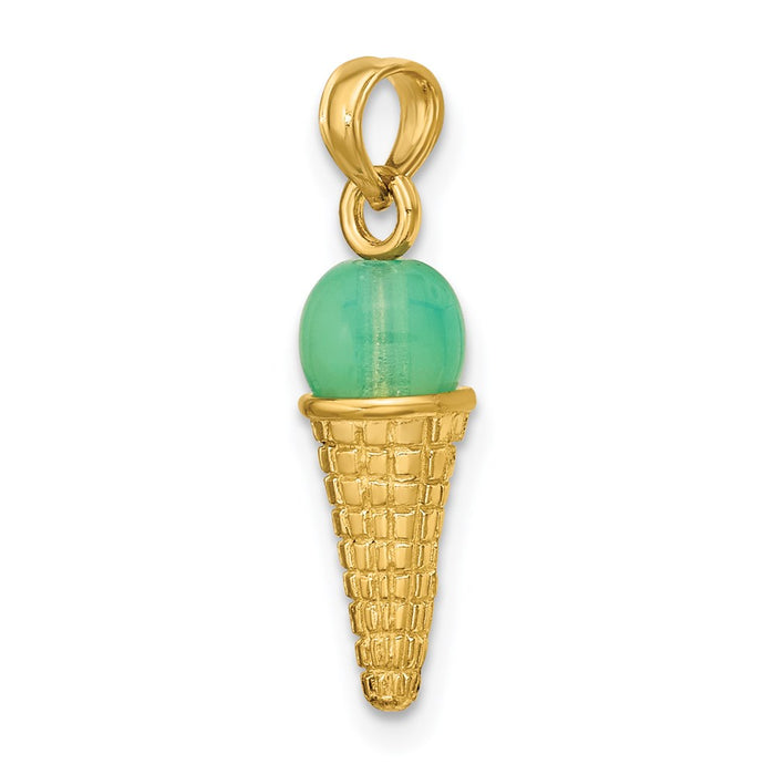 Million Charms 14K Yellow Gold Themed Satin Polished Green Bead Ice Cream Cone Pendant