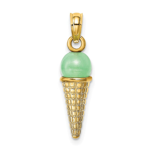 Million Charms 14K Yellow Gold Themed Satin Polished Green Bead Ice Cream Cone Pendant