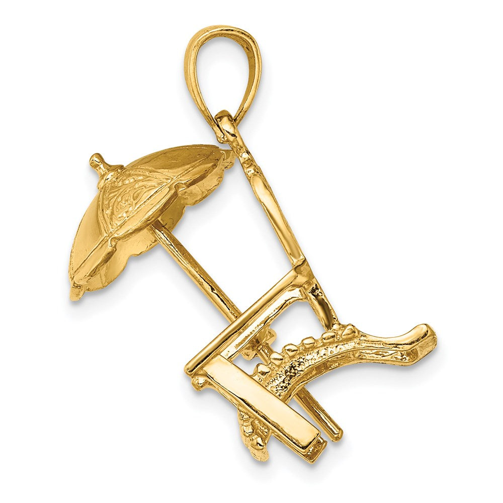 Million Charms 14K Yellow Gold Themed 3-D Beach Chair With Umbrella Charm