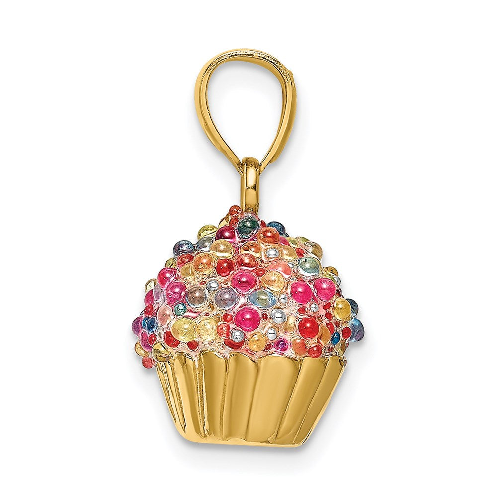 Million Charms 14K Yellow Gold Themed 3-D Cupcake Charm With Colored Bead Icing