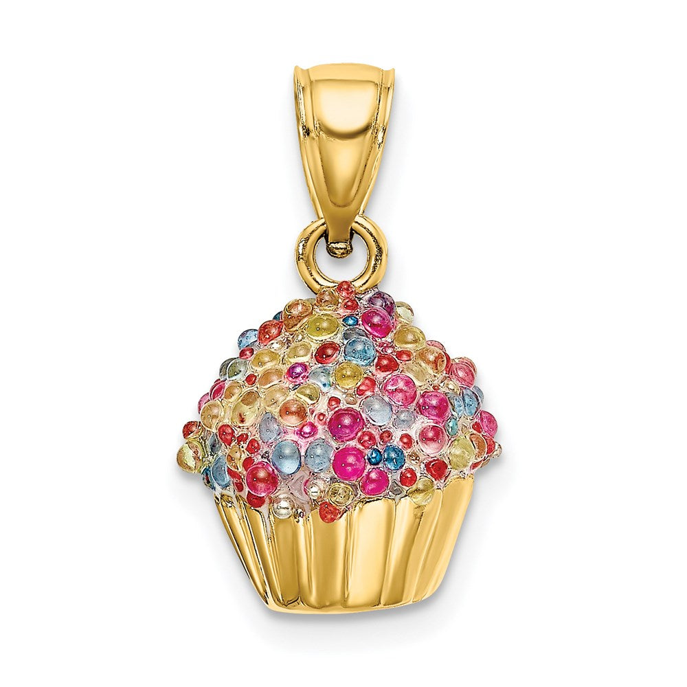 Million Charms 14K Yellow Gold Themed 3-D Cupcake Charm With Colored Bead Icing