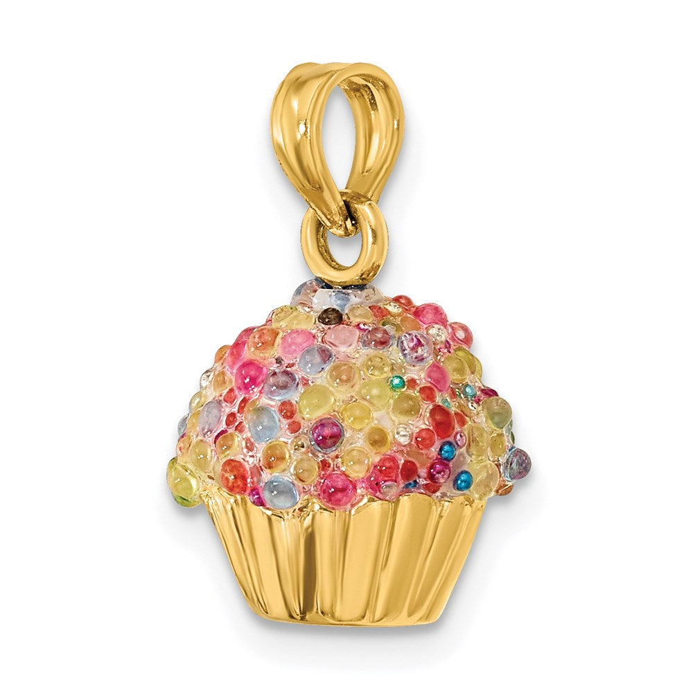 Million Charms 14K Yellow Gold Themed 3-D Cupcake Charm With Colored Bead Icing