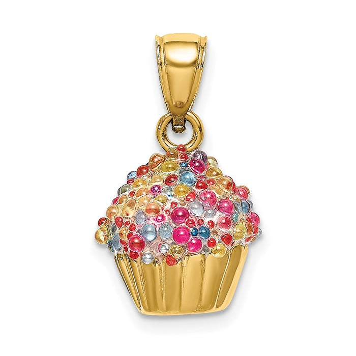 Million Charms 14K Yellow Gold Themed 3-D Cupcake Charm With Colored Bead Icing