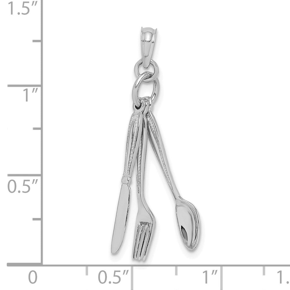 Million Charms 14K White Gold Themed 3-D Moveable Knife, Fork, & Spoon Charm