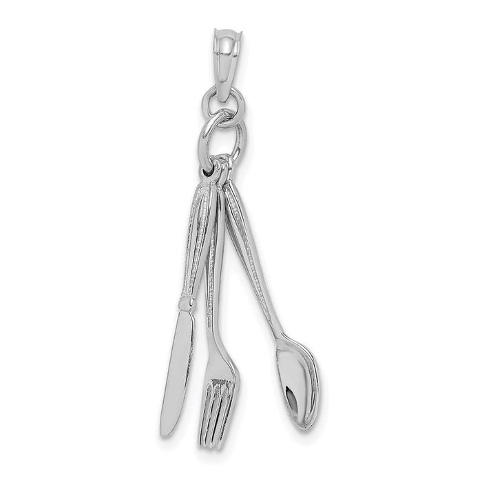 Million Charms 14K White Gold Themed 3-D Moveable Knife, Fork, & Spoon Charm