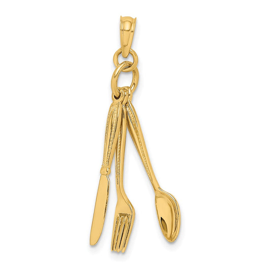 Million Charms 14K Yellow Gold Themed 3-D Moveable Knife, Fork, & Spoon Charm