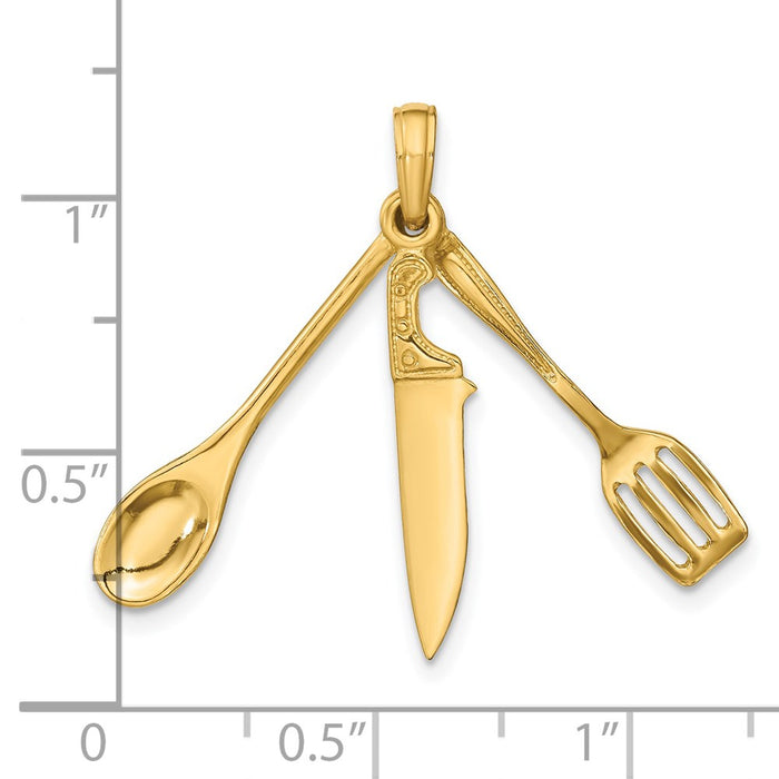 Million Charms 14K Yellow Gold Themed 3-D Moveable Spatula, Spoon, & Knife Charm