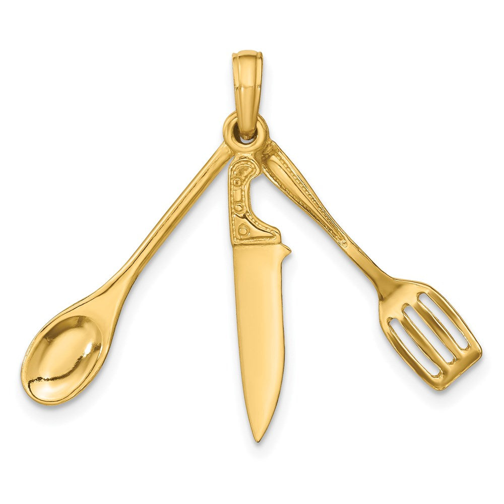 Million Charms 14K Yellow Gold Themed 3-D Moveable Spatula, Spoon, & Knife Charm