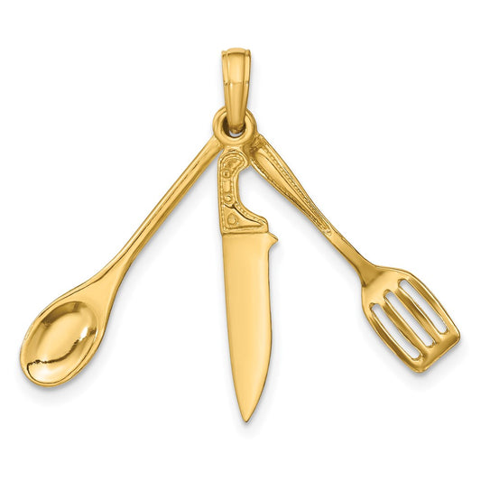 Million Charms 14K Yellow Gold Themed 3-D Moveable Spatula, Spoon, & Knife Charm