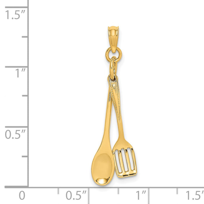 Million Charms 14K Yellow Gold Themed 3-D Moveable Wooden Spoon & Spatula Charm