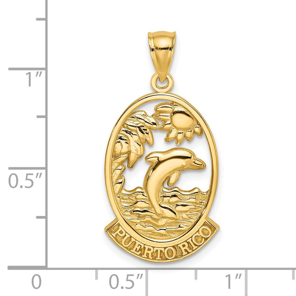 Million Charms 14K Yellow Gold Themed Puerto Rico With Dolphin & Sunset In Frame Charm