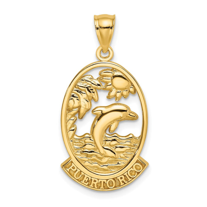 Million Charms 14K Yellow Gold Themed Puerto Rico With Dolphin & Sunset In Frame Charm