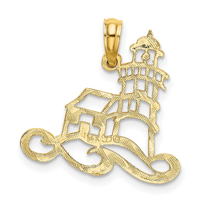 Million Charms 14K Yellow Gold Themed Cut-Out Lighthouse With Water Charm