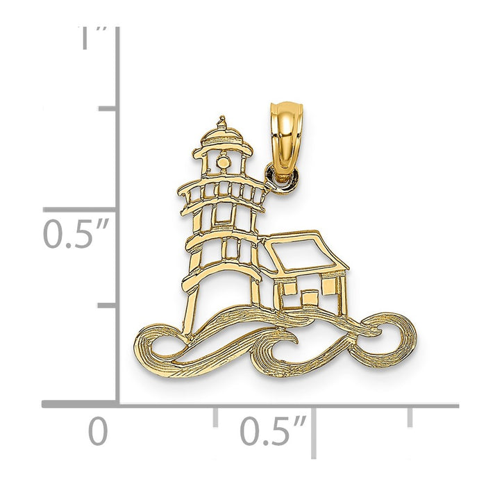 Million Charms 14K Yellow Gold Themed Cut-Out Lighthouse With Water Charm