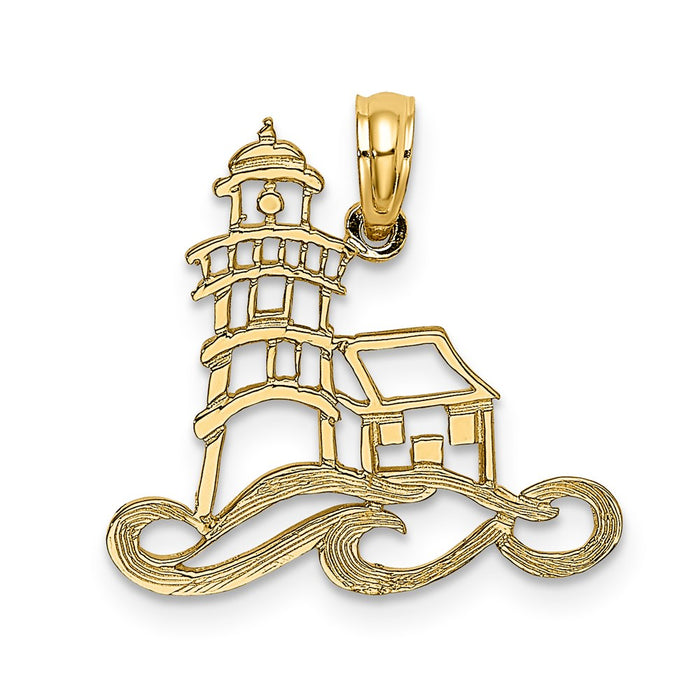 Million Charms 14K Yellow Gold Themed Cut-Out Lighthouse With Water Charm