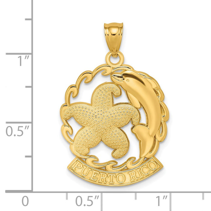 Million Charms 14K Yellow Gold Themed Puerto Rico Under Nautical Starfish & Dolphin In Wave Charm