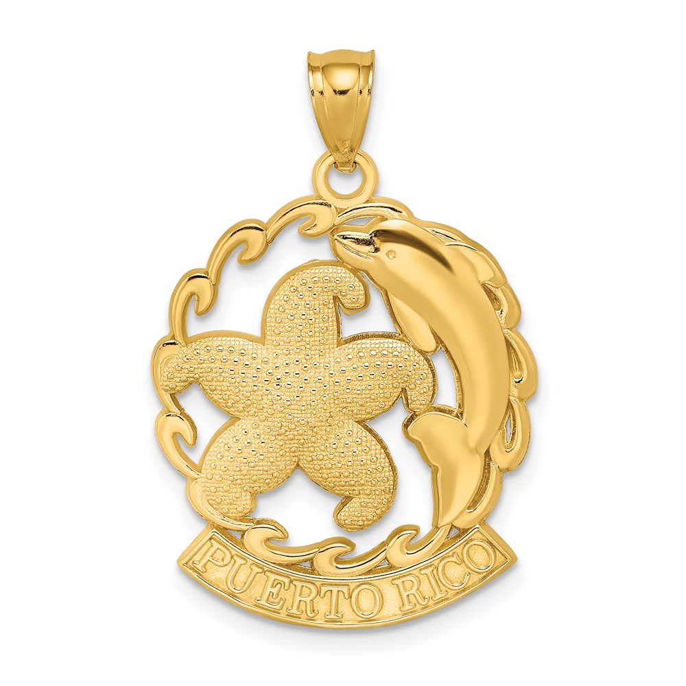 Million Charms 14K Yellow Gold Themed Puerto Rico Under Nautical Starfish & Dolphin In Wave Charm