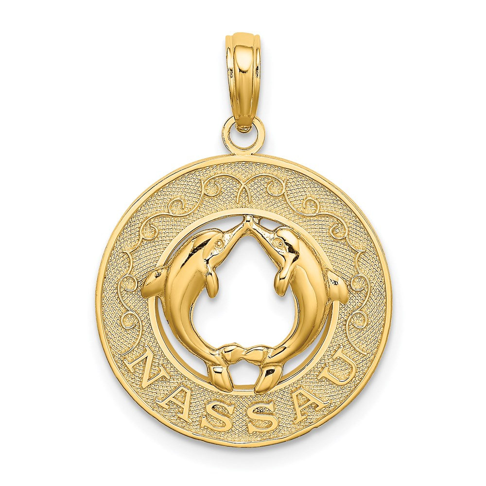 Million Charms 14K Yellow Gold Themed Nassau Round Frame With Dolphin Charm