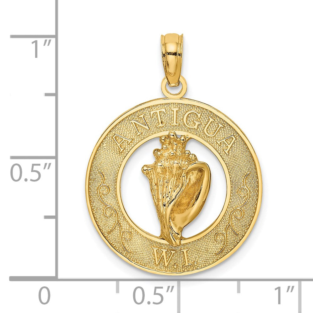Million Charms 14K Yellow Gold Themed Antigua, W.I. On Round Frame With Conch Shell Charm