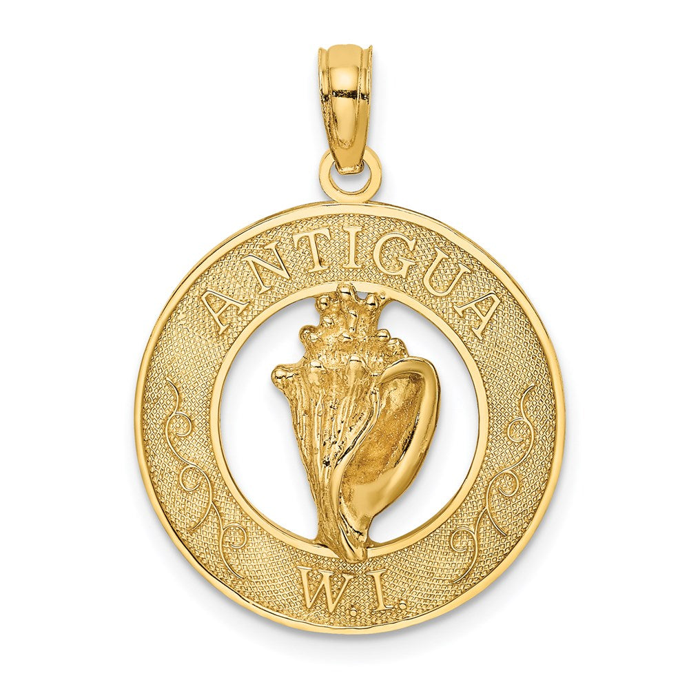 Million Charms 14K Yellow Gold Themed Antigua, W.I. On Round Frame With Conch Shell Charm