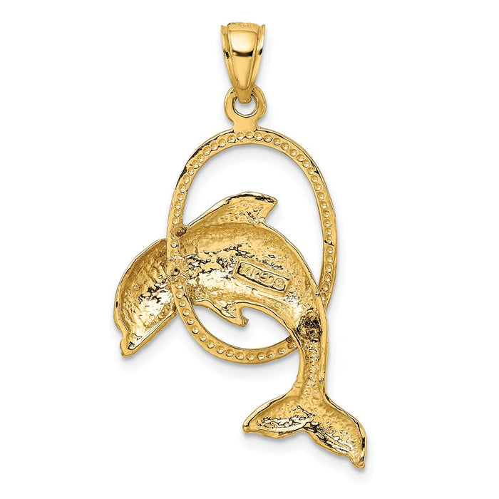 Million Charms 14K Yellow Gold Themed Dolphin Jumping Through Hoop Charm