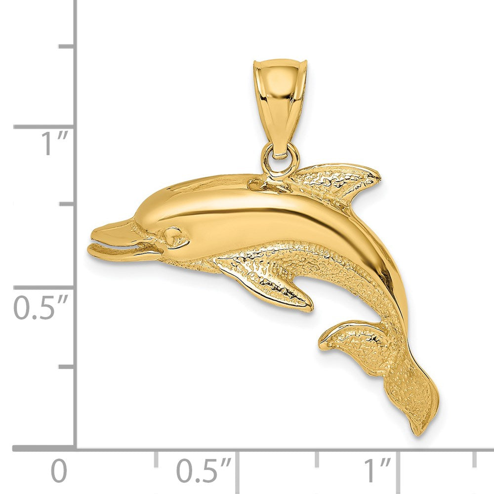 Million Charms 14K Yellow Gold Themed 2-D Polished & Engraved Open Mouth Dolphin Charm