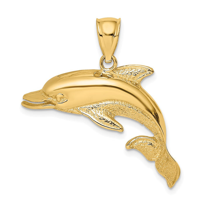 Million Charms 14K Yellow Gold Themed 2-D Polished & Engraved Open Mouth Dolphin Charm