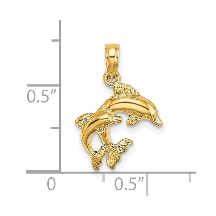 Million Charms 14K Yellow Gold Themed Polished 2-D Mini Double Dolphins Charm