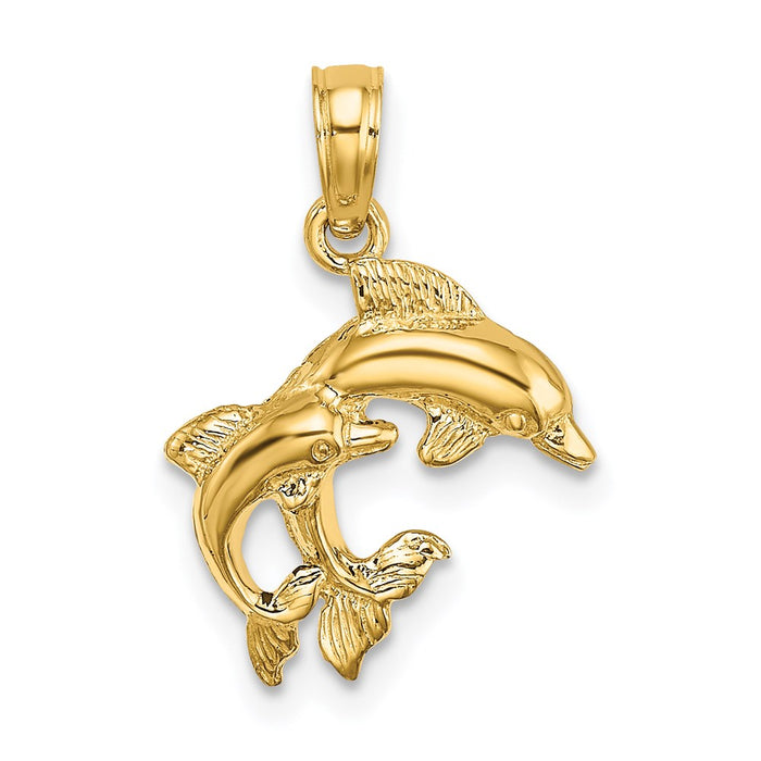 Million Charms 14K Yellow Gold Themed Polished 2-D Mini Double Dolphins Charm