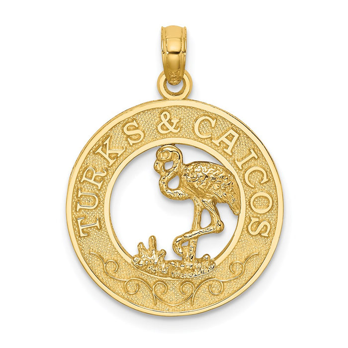 Million Charms 14K Yellow Gold Themed Turks & Caicos On Round Frame With Flamingo Charm