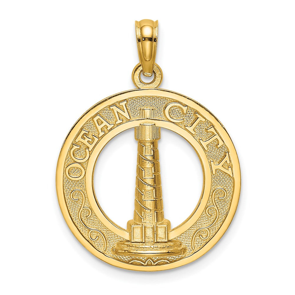 Million Charms 14K Yellow Gold Themed Ocean City Round Frame With Lighthouse Charm