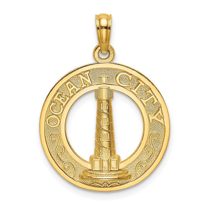 Million Charms 14K Yellow Gold Themed Ocean City Round Frame With Lighthouse Charm