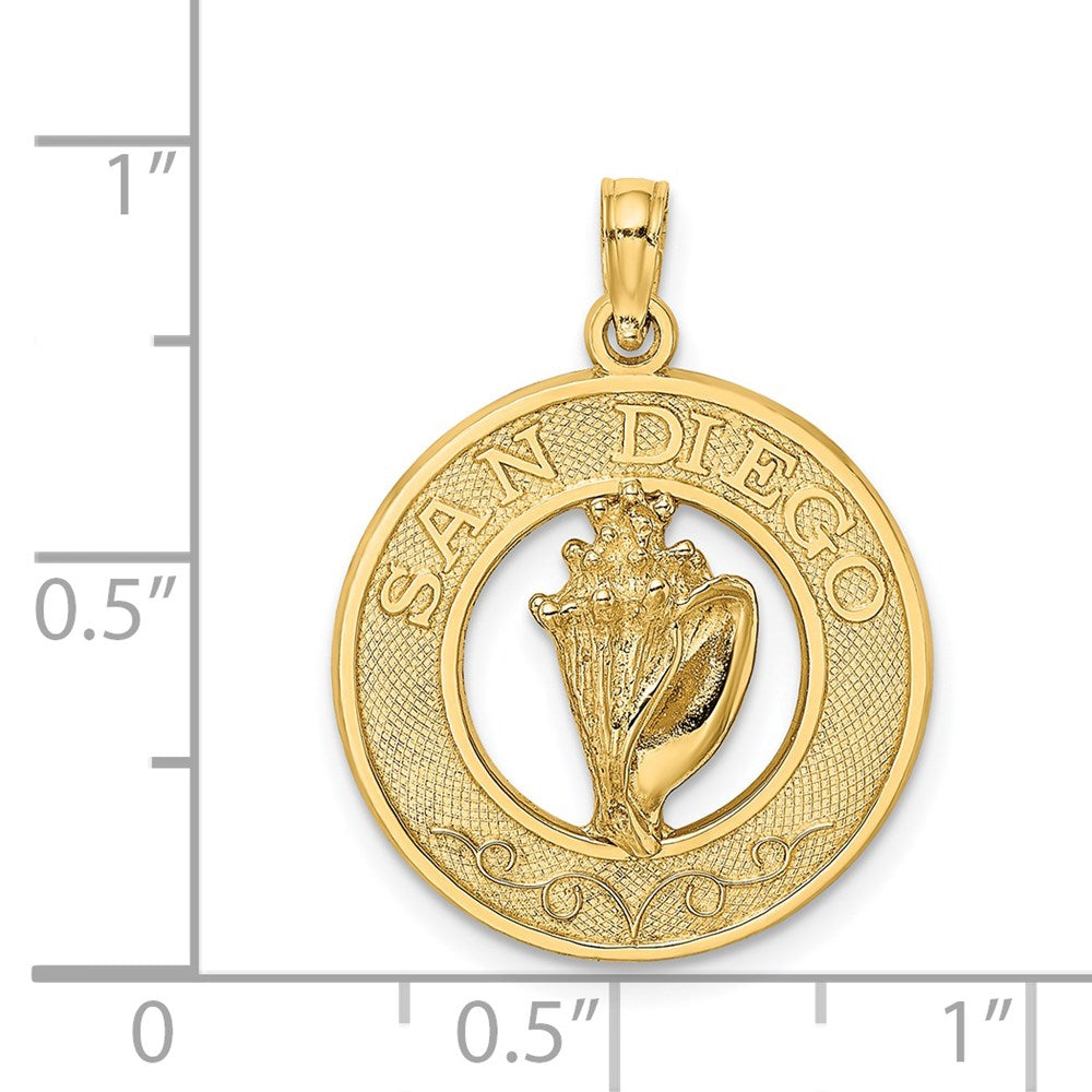 Million Charms 14K Yellow Gold Themed San Diego On Round Frame With Conch Shell Charm