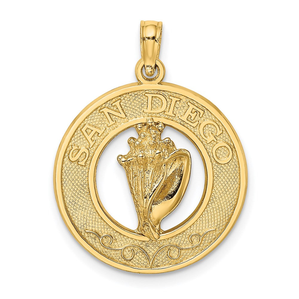 Million Charms 14K Yellow Gold Themed San Diego On Round Frame With Conch Shell Charm