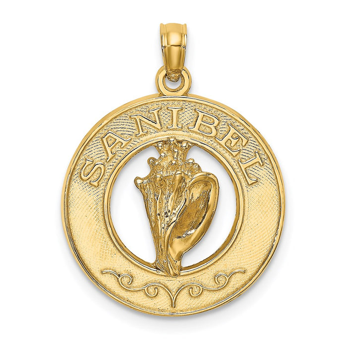 Million Charms 14K Yellow Gold Themed Sanibel On Round Frame With Conch Shell Charm