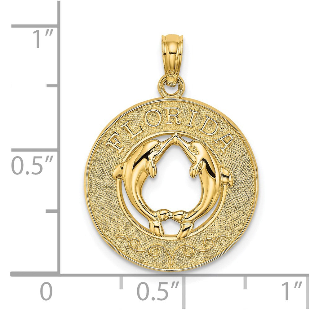 Million Charms 14K Yellow Gold Themed Florida On Round Frame With Dolphins Charm