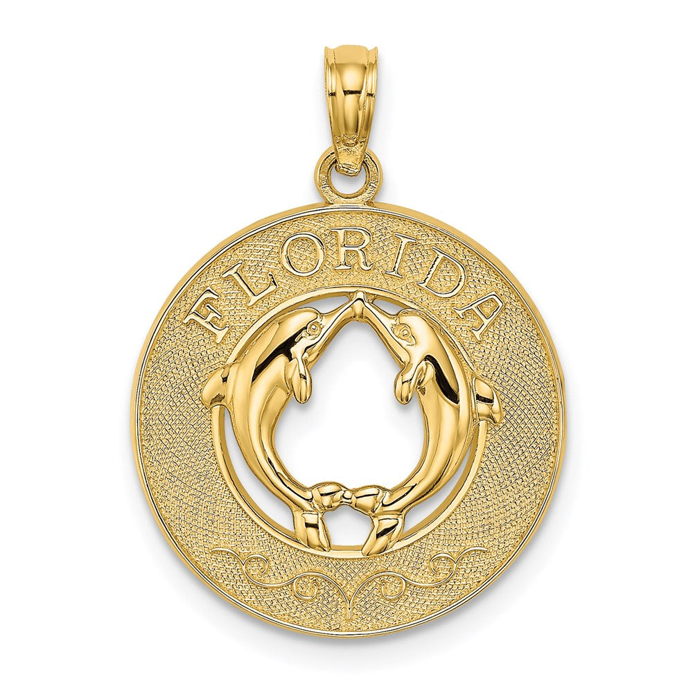 Million Charms 14K Yellow Gold Themed Florida On Round Frame With Dolphins Charm